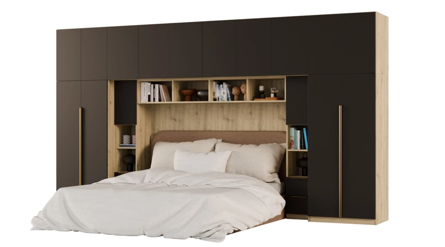 Zabudowa do sypialni 404x240 cm Dąb Artisan / Czarny Onyx – MAJA | eMeblast