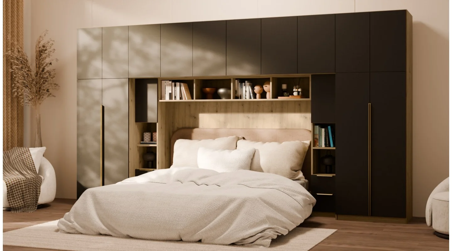 Zabudowa do sypialni 404x240 cm Dąb Artisan / Czarny Onyx – MAJA | eMeblast