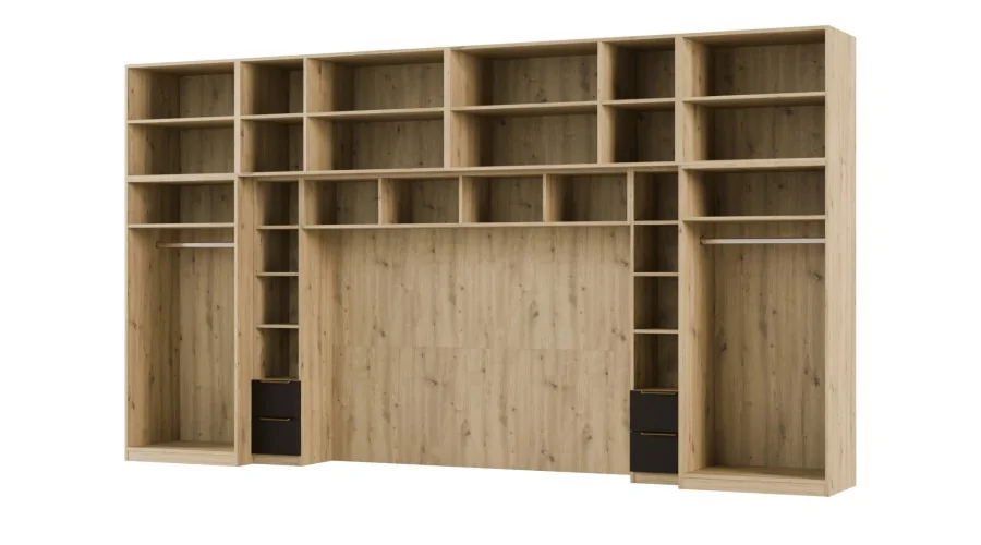 Zabudowa do sypialni 404x240 cm Dąb Artisan / Czarny Onyx z lustrem – MAJA | eMeblast