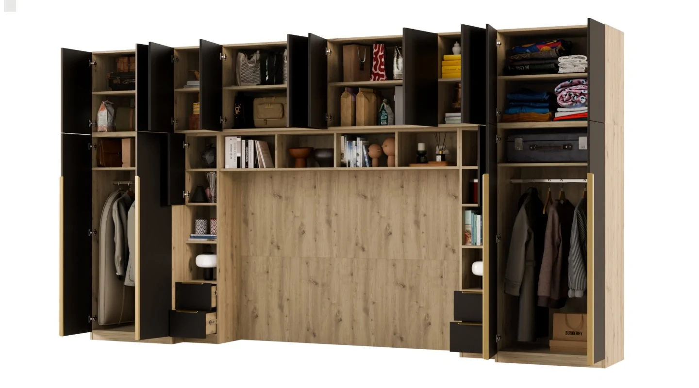Zabudowa do sypialni 404x240 cm Dąb Artisan / Czarny Onyx z lustrem – MAJA | eMeblast