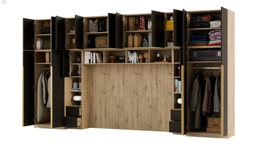 Zabudowa do sypialni 404x240 cm Dąb Artisan / Czarny Onyx z lustrem – MAJA | eMeblast