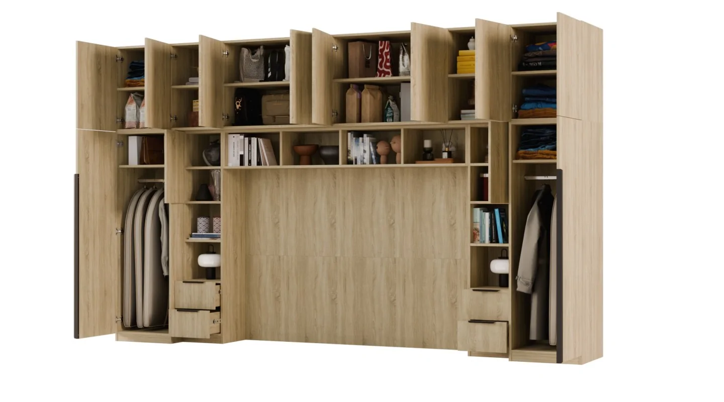 Zabudowa do sypialni 364x225 cm Sonoma Jasna z 1 lustrem – SARA | eMeblast Zabudowa do sypialni 364x225 cm Sonoma Jasna z 1 lustrem – SARA | eMeblast