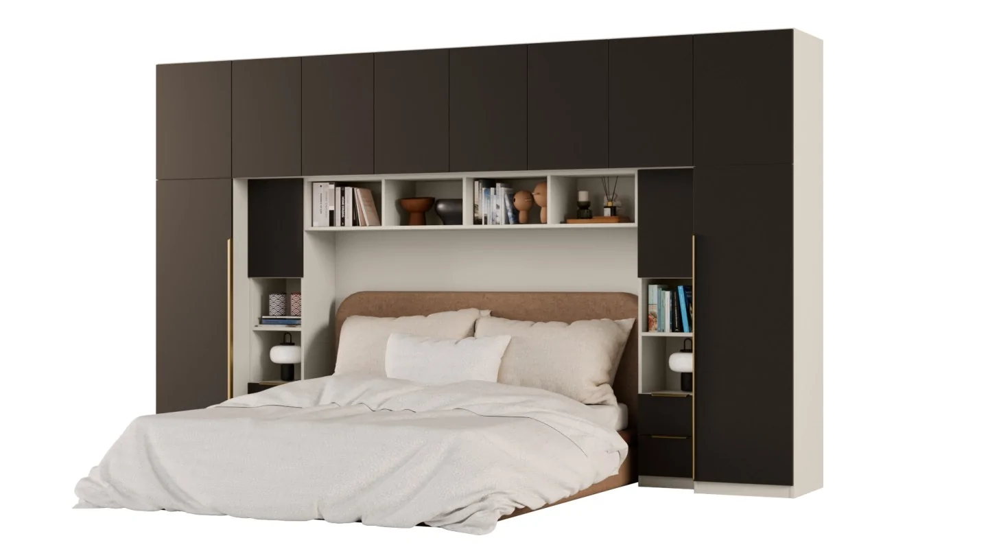Zabudowa do sypialni 364x225 cm Kaszmirowy Beż / Czarny Onyx – SARA | eMeblast