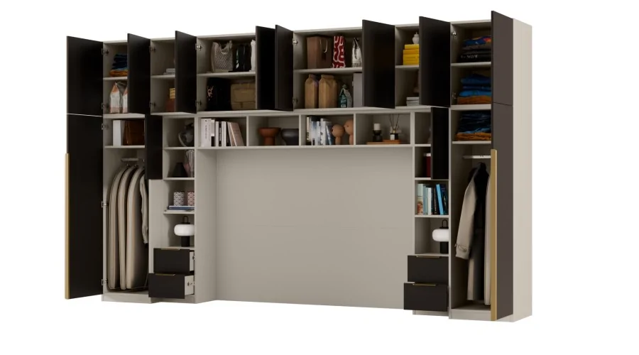 Zabudowa do sypialni 364x225 cm Kaszmirowy Beż / Czarny Onyx – SARA | eMeblast