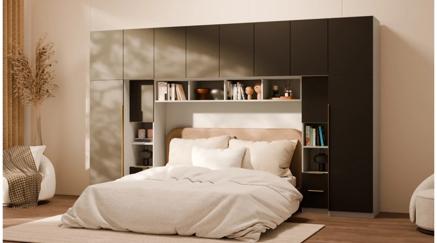 Zabudowa do sypialni 364x225 cm Kaszmirowy Beż / Czarny Onyx – SARA | eMeblast