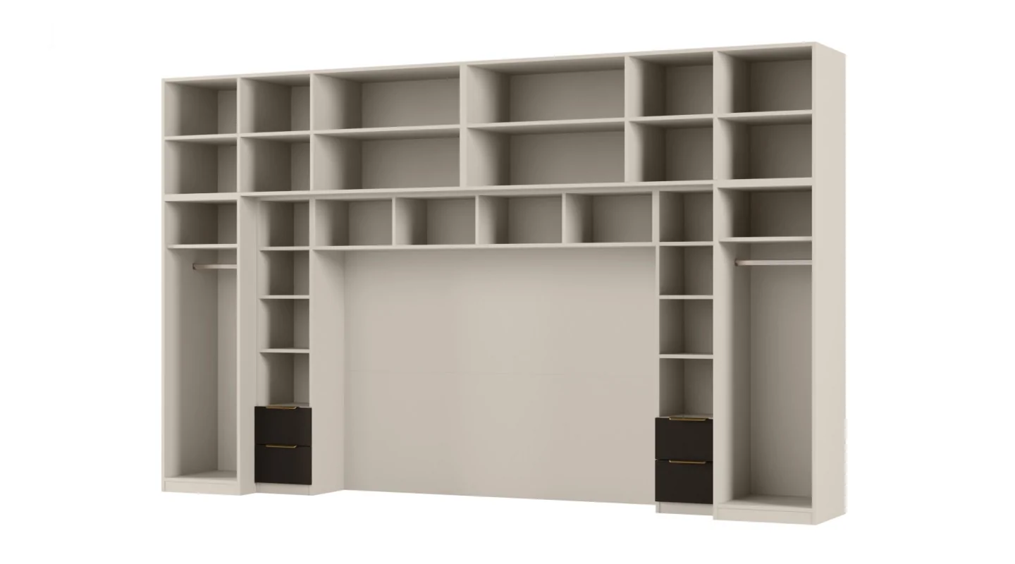 Zabudowa do sypialni 364x225 cm Kaszmirowy Beż / Czarny Onyx z 1 lustrem – SARA | eMeblast