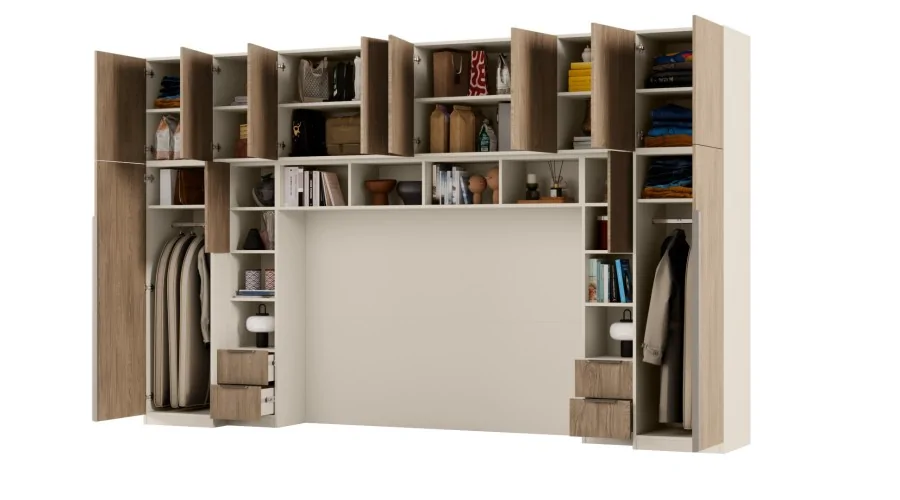 Zabudowa do sypialni 364x225 cm Piasek Pustyni / Dąb Casella Brązowy – SARA | eMeblast