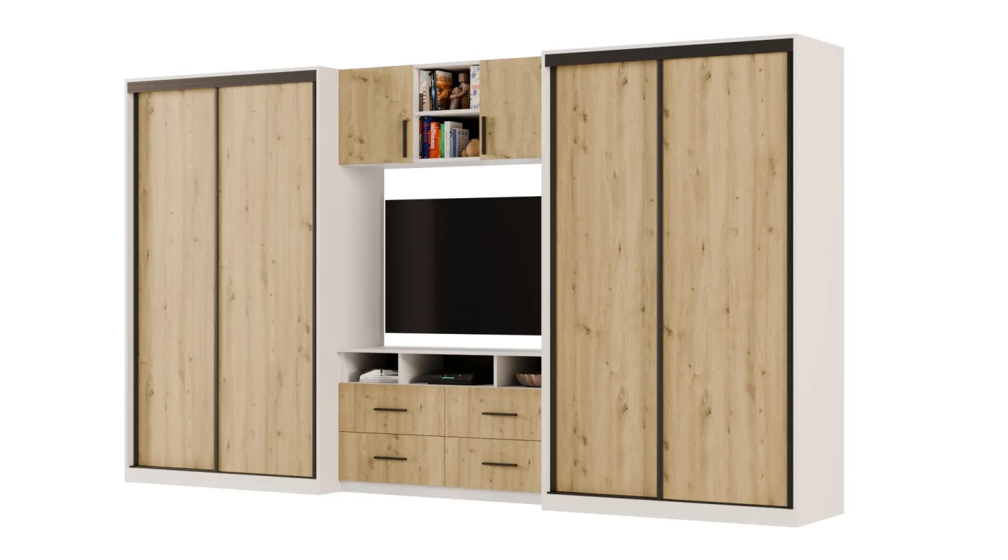 Meblościanka 390x220 cm z szafami przesuwnymi Biel / Dąb Artisan - Axis Meblościanka 390x220 cm z szafami przesuwnymi Biel / Dąb Artisan - Axis