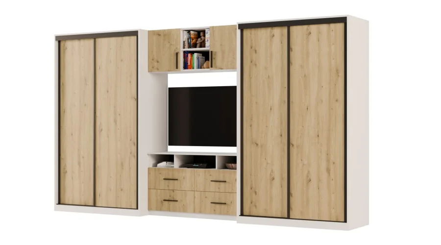 Meblościanka 390x220 cm z szafami przesuwnymi Biel / Dąb Artisan - Axis Meblościanka 390x220 cm z szafami przesuwnymi Biel / Dąb Artisan - Axis