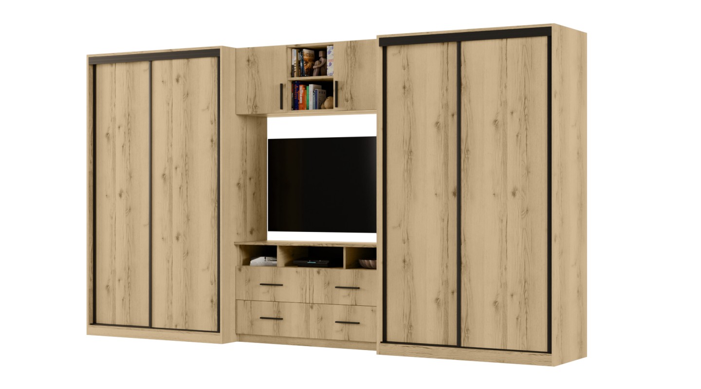 Meblościanka 390x220 cm z szafami przesuwnymi Dąb Grand Naturalny - Axis