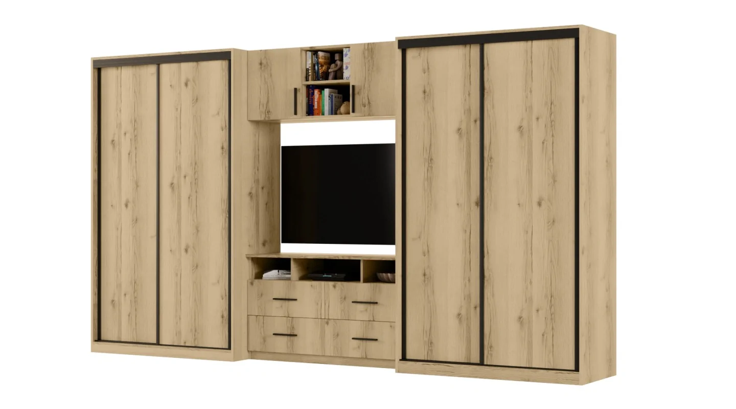 Meblościanka 390x220 cm z szafami przesuwnymi Dąb Grand Naturalny - Axis Meblościanka 390x220 cm z szafami przesuwnymi Dąb Grand Naturalny - Axis