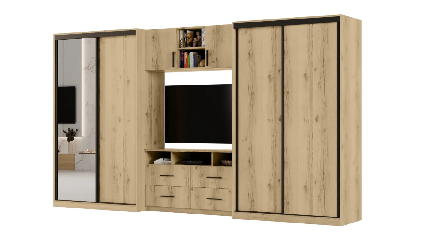 Meblościanka 390x220 cm z szafami przesuwnymi i lustrem Dąb Grand Naturalny - Axis