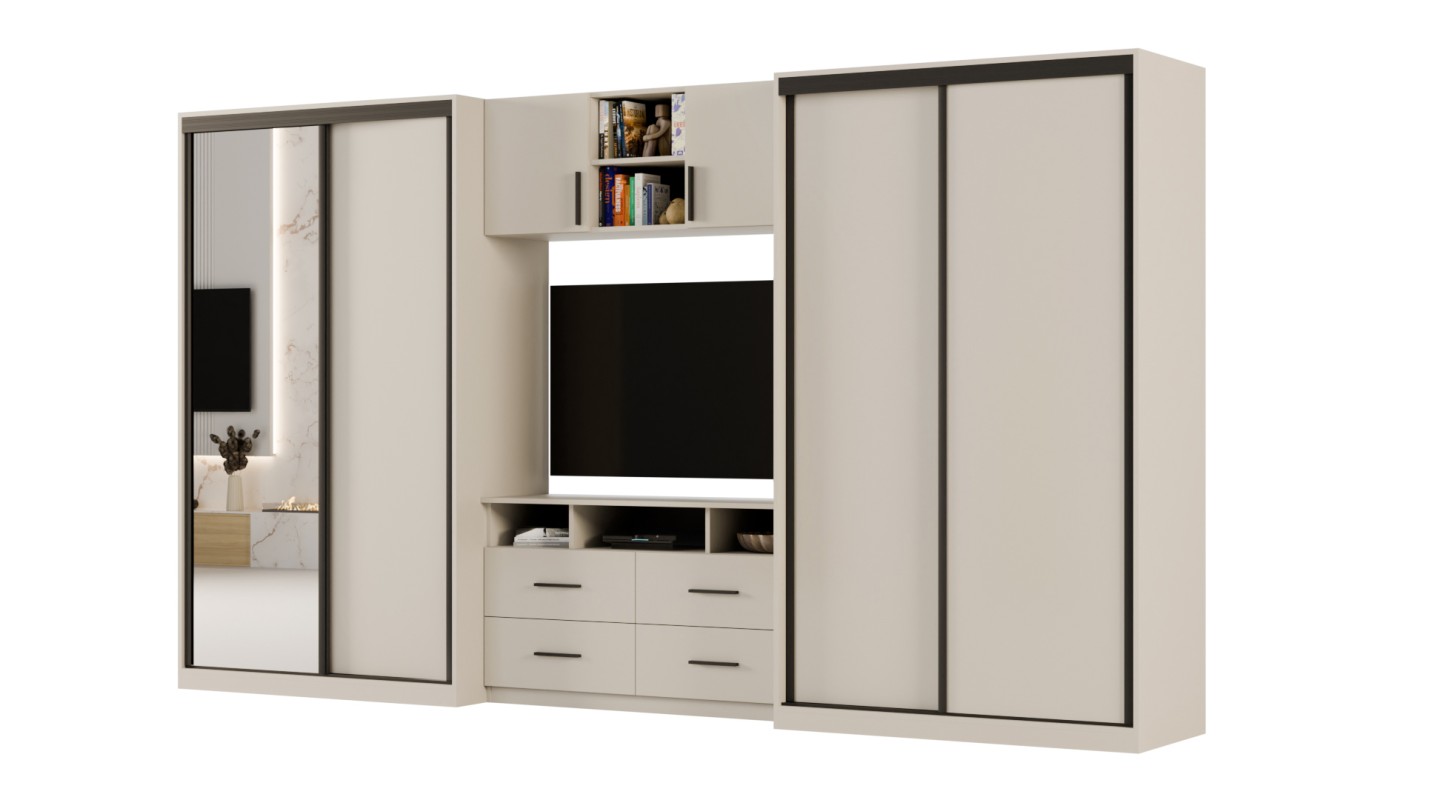 Meblościanka 390x220 cm z szafami przesuwnymi i lustrem Biel / Dąb Artisan - Axis