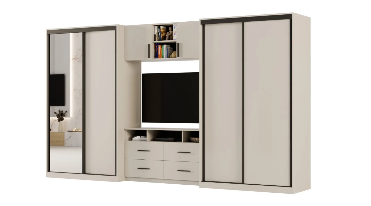 Meblościanka 390x220 cm z szafami przesuwnymi i lustrem Biel / Dąb Artisan - Axis