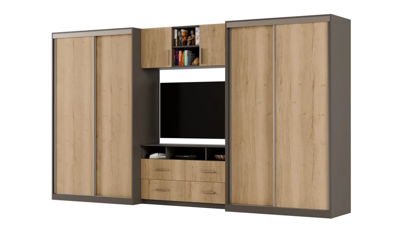 Meblościanka 390x220 cm z szafami przesuwnymi Szary Grafit / Dąb Halifax Naturalny - Axis Meblościanka 390x220 cm z szafami przesuwnymi Szary Grafit / Dąb Halifax Naturalny - Axis