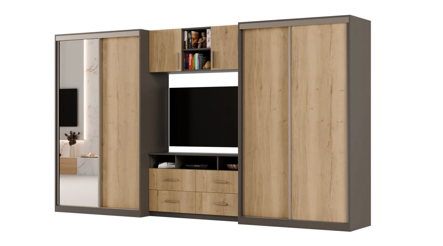 Meblościanka 390x220 cm z szafami przesuwnymi i lustrem Szary Grafit / Dąb Halifax Naturalny - Axis