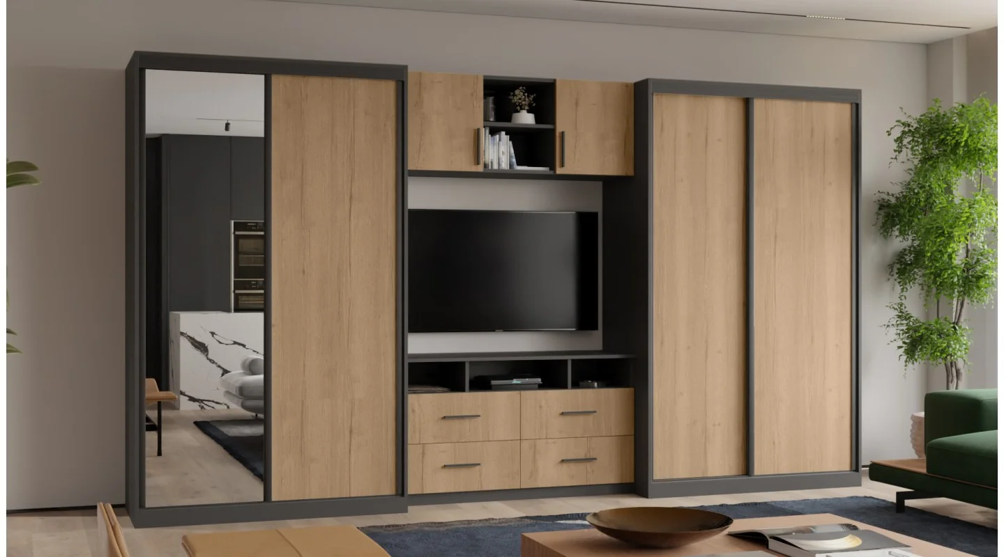 Meblościanka 390x220 cm z szafami przesuwnymi i lustrem Szary Grafit / Dąb Halifax Naturalny - Axis