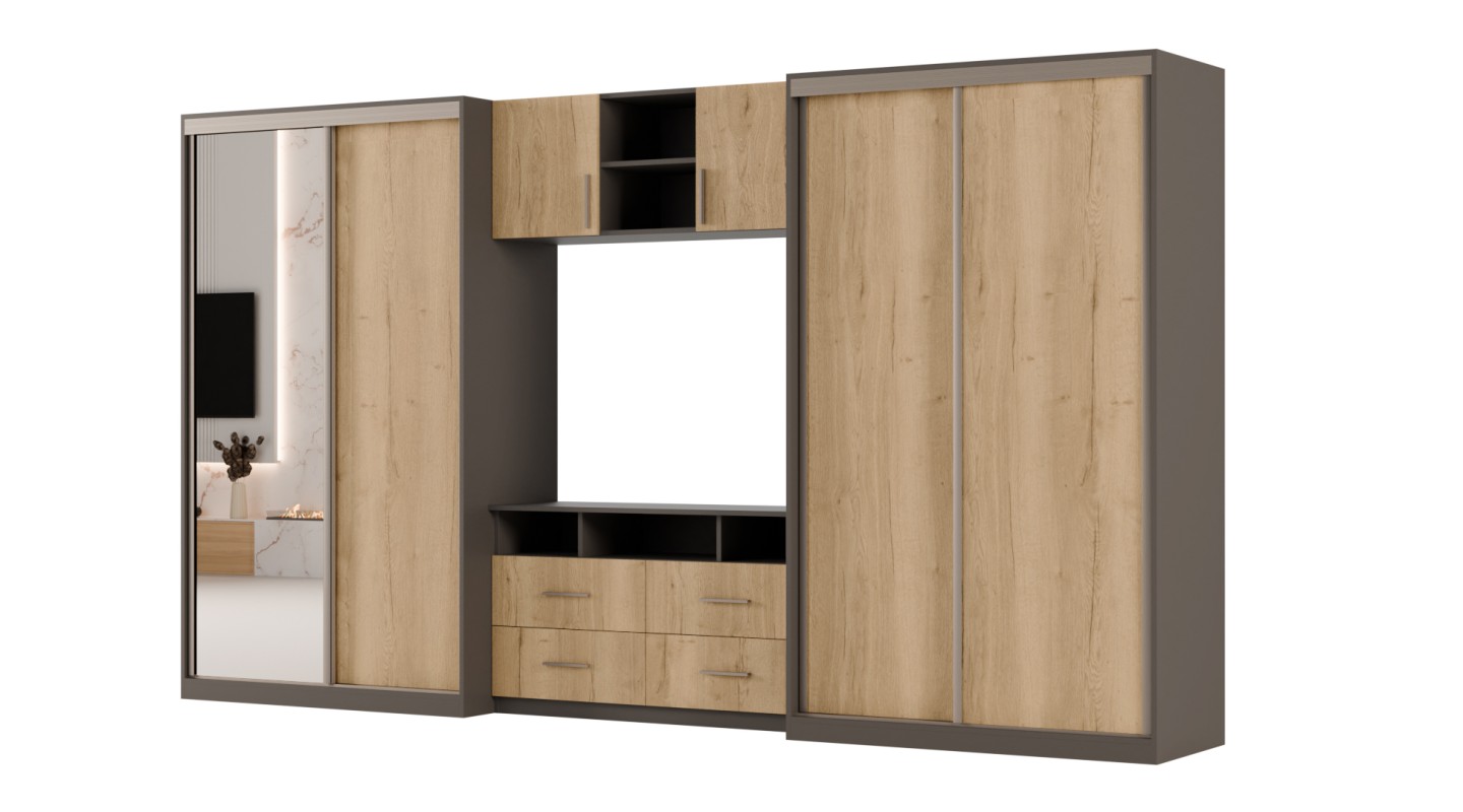Meblościanka 390x220 cm z szafami przesuwnymi i lustrem Szary Grafit / Dąb Halifax Naturalny - Axis