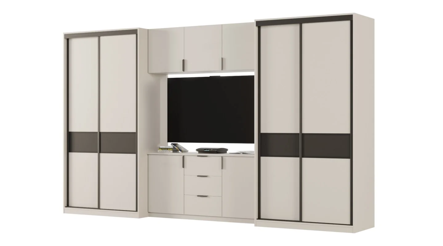 Meblościanka 400x235 cm z szafami przesuwnymi Kaszmirowy Beż / Czarny Onyx - Motion