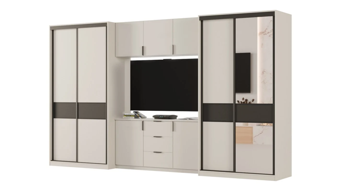 Meblościanka 400x235 cm z szafami przesuwnymi i lustrem Kaszmirowy Beż / Czarny Onyx - Motion
