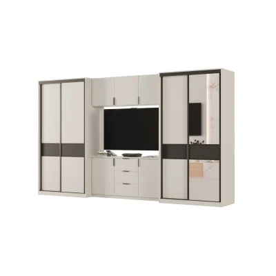 Meblościanka 400x235 cm z szafami przesuwnymi i lustrem Kaszmirowy Beż / Czarny Onyx - Motion