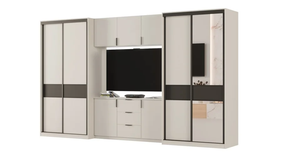 Meblościanka 400x235 cm z szafami przesuwnymi i lustrem Kaszmirowy Beż / Czarny Onyx - Motion Meblościanka 400x235 cm z szafami przesuwnymi i lustrem Kaszmirowy Beż / Czarny Onyx - Motion