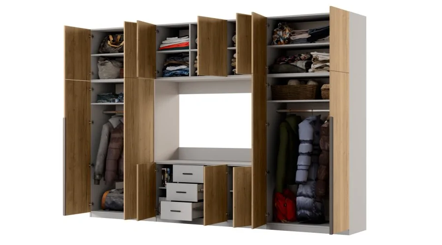 Minimalistyczna meblościanka z strefą RTV 350×240 cm Kaszmirowy Beż - HORIZON