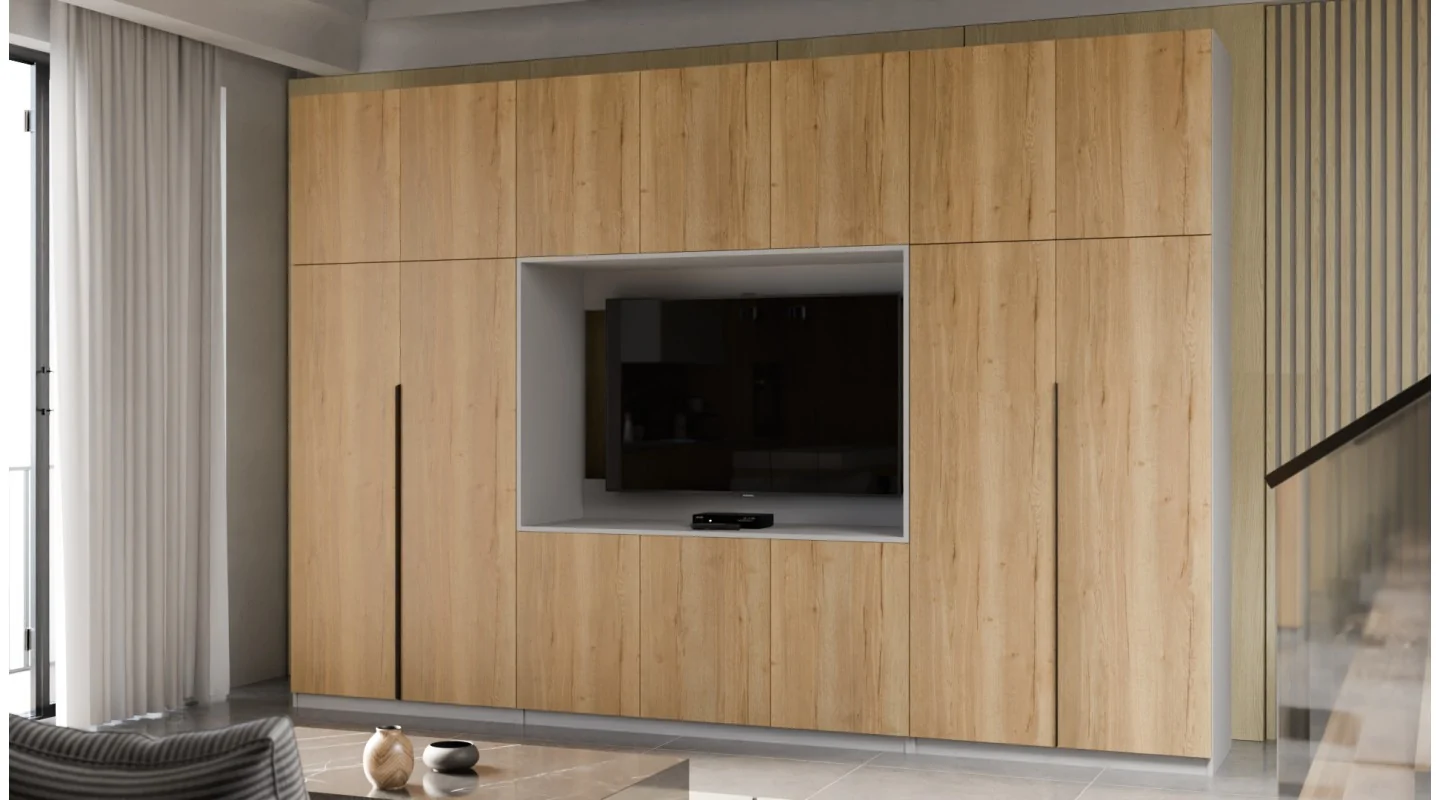 Minimalistyczna meblościanka z strefą RTV 350×240 cm Kaszmirowy Beż - HORIZON