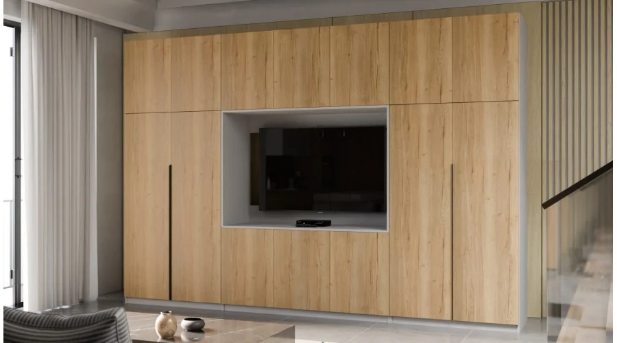 Minimalistyczna meblościanka z strefą RTV 350×240 cm Kaszmirowy Beż - HORIZON