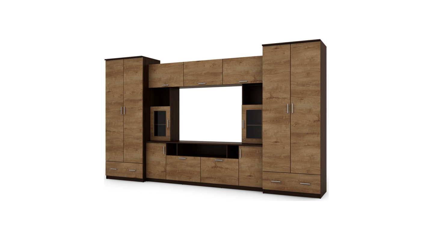 Meblościanka z nadstawkami, dużymi szafami i miejscem na TV 370×210 cm Sonoma Ciemna / Dąb Lefkas – TAJGA