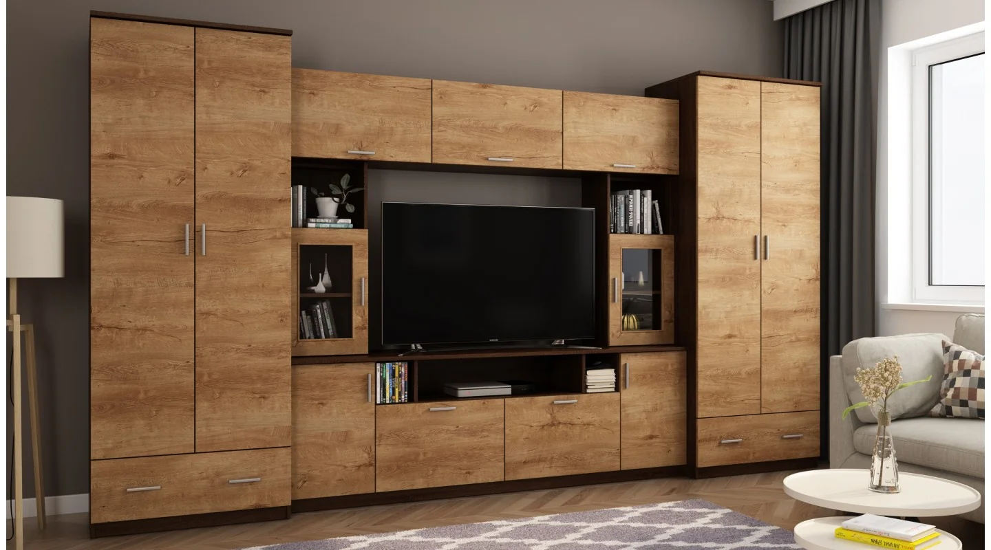 Meblościanka z nadstawkami, dużymi szafami i miejscem na TV 370×210 cm Sonoma Ciemna / Dąb Lefkas – TAJGA