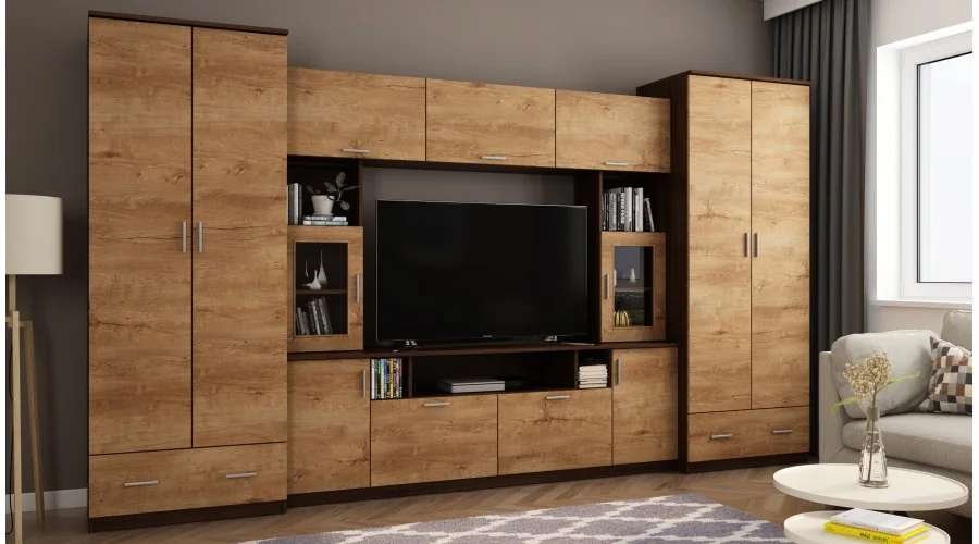Meblościanka z nadstawkami, dużymi szafami i miejscem na TV 370×210 cm Sonoma Ciemna / Dąb Lefkas – TAJGA