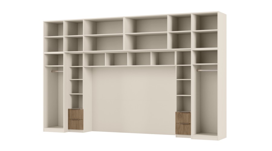 Zabudowa do sypialni 364x225 cm Piasek Pustyni / Dąb Casella Brązowy z 1 lustrem – SARA | eMeblast Zabudowa do sypialni 364x225 cm Piasek Pustyni / Dąb Casella Brązowy z 1 lustrem – SARA | eMeblast
