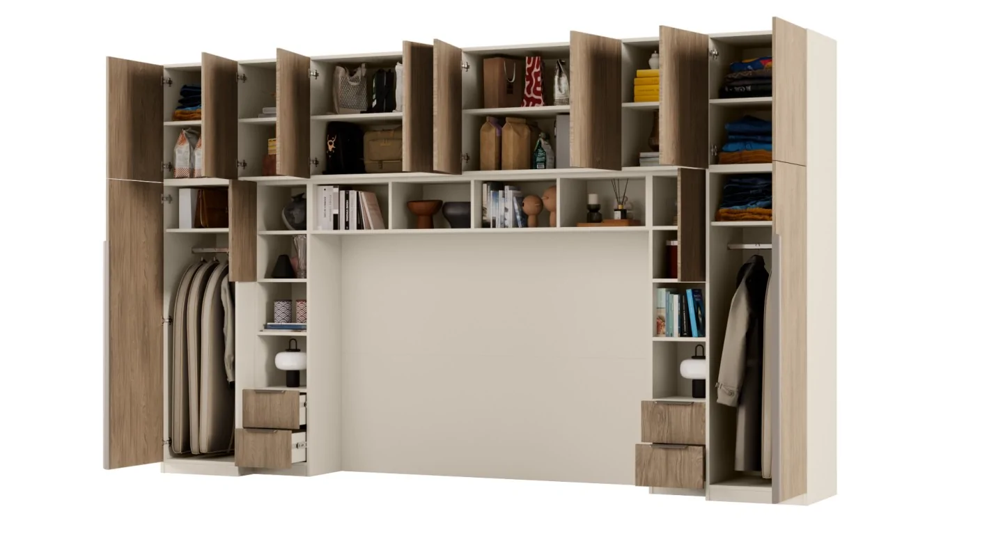 Zabudowa do sypialni 364x225 cm Piasek Pustyni / Dąb Casella Brązowy z 1 lustrem – SARA | eMeblast