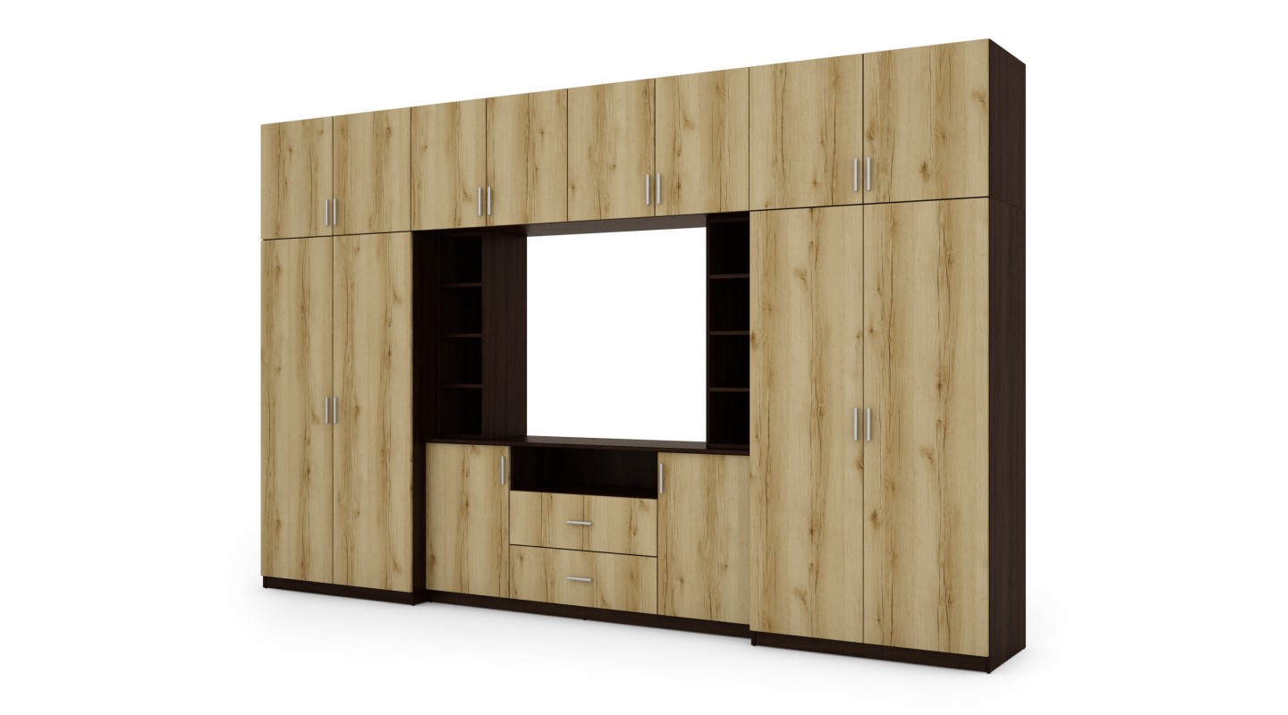 Elegancka meblościanka z szafami i półką RTV 380×240 cm Sonoma Ciemna / Dąb Grand Naturalny – DAKO