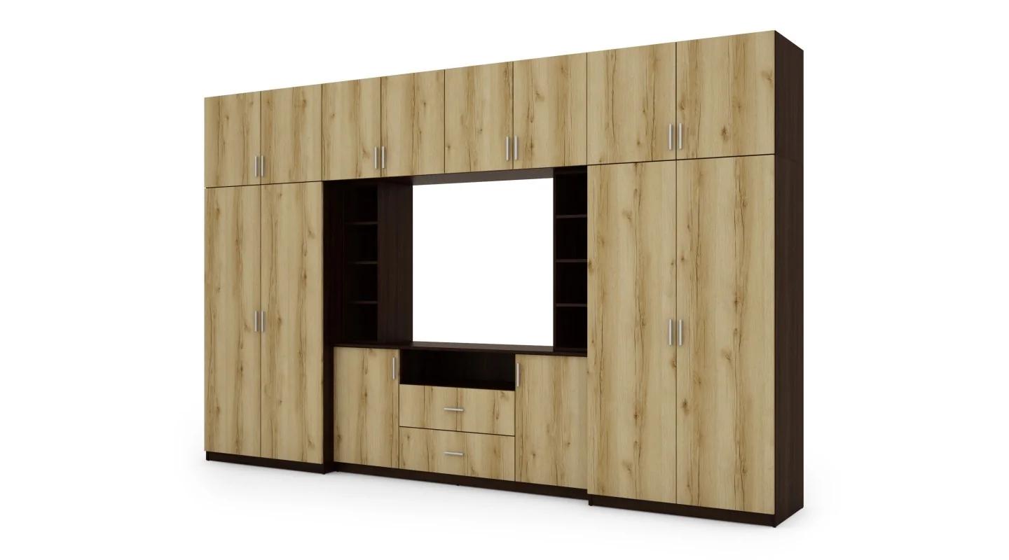 Elegancka meblościanka z szafami i półką RTV 380×240 cm Sonoma Ciemna / Dąb Grand Naturalny – DAKO