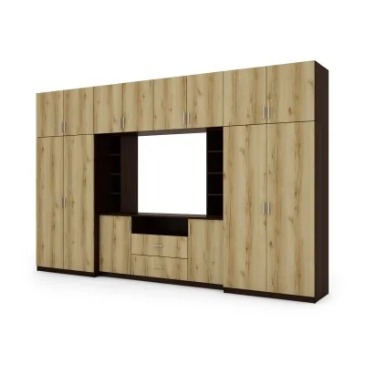 Elegancka meblościanka z szafami i półką RTV 380×240 cm Sonoma Ciemna / Dąb Grand Naturalny – DAKO