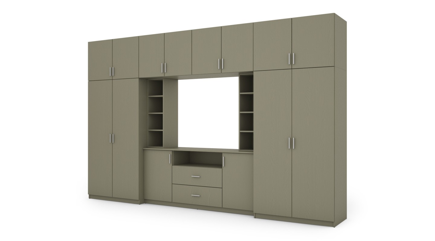 Elegancka meblościanka z szafami i półką RTV 380×240 cm Eukaliptus – DAKO