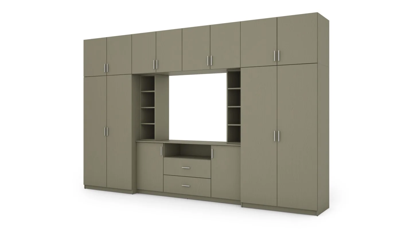Elegancka meblościanka z szafami i półką RTV 380×240 cm Eukaliptus – DAKO