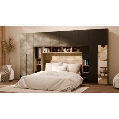 Zabudowa do sypialni 404x240 cm Dąb Artisan / Czarny Onyx z lustrem – MAJA | eMeblast