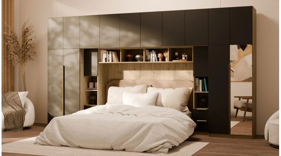 Zabudowa do sypialni 404x240 cm Dąb Artisan / Czarny Onyx z lustrem – MAJA | eMeblast