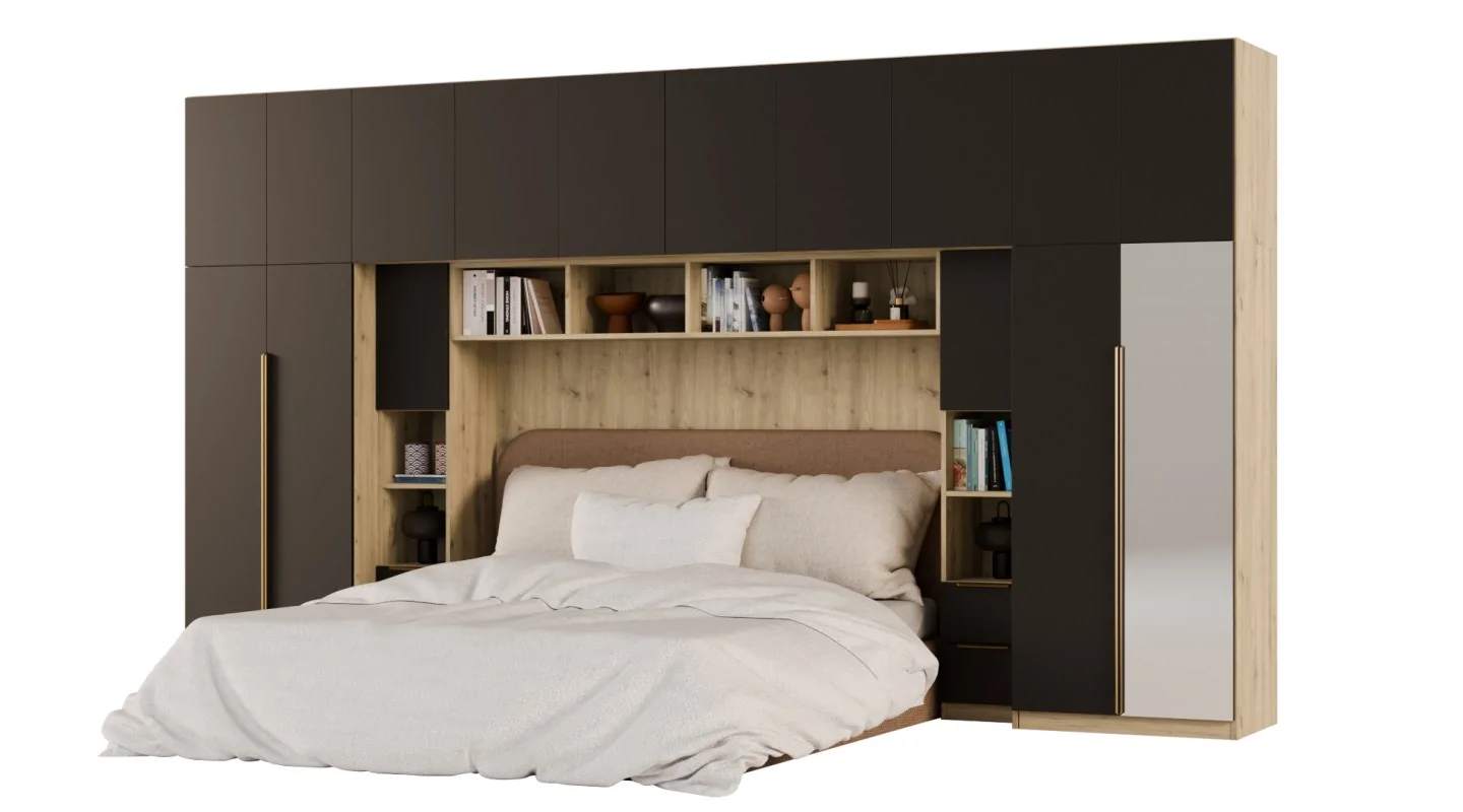 Zabudowa do sypialni 404x240 cm Dąb Artisan / Czarny Onyx z lustrem – MAJA | eMeblast