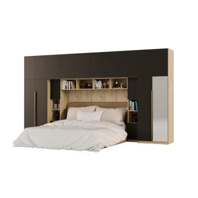 Zabudowa do sypialni 404x240 cm Dąb Artisan / Czarny Onyx z lustrem – MAJA | eMeblast