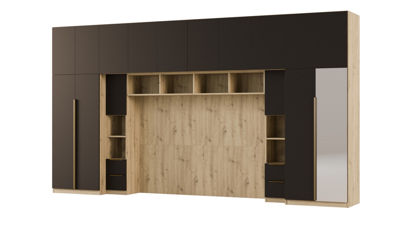 Zabudowa do sypialni 404x240 cm Dąb Artisan / Czarny Onyx z lustrem – MAJA | eMeblast