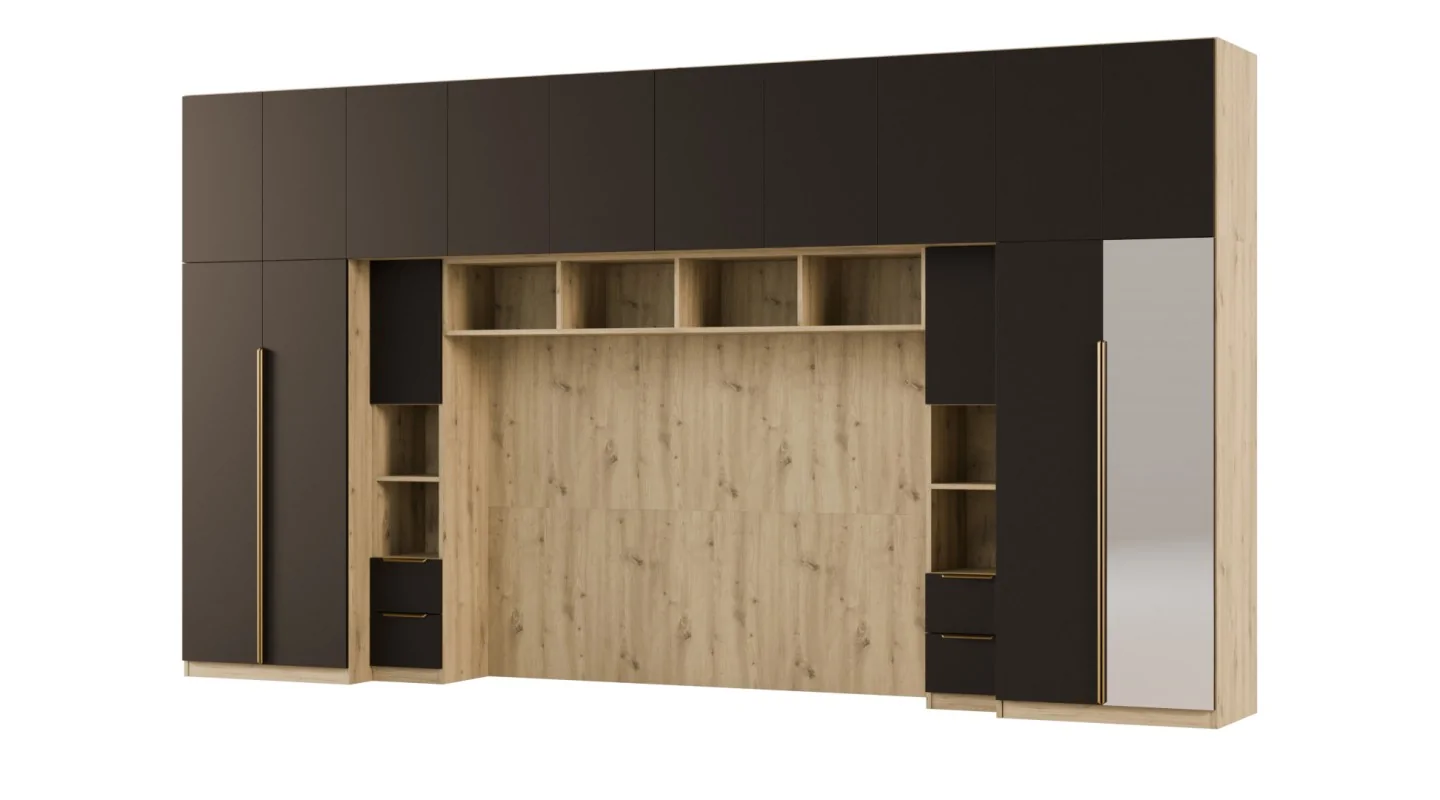 Zabudowa do sypialni 404x240 cm Dąb Artisan / Czarny Onyx z lustrem – MAJA | eMeblast