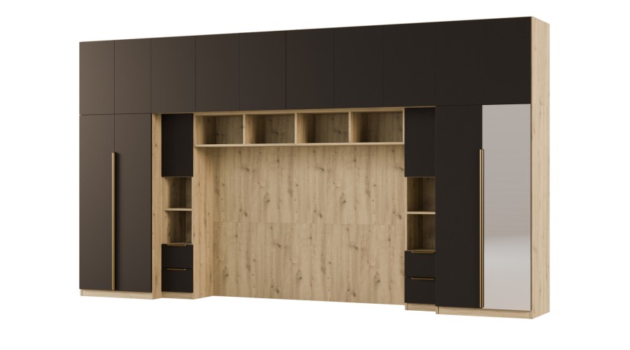 Zabudowa do sypialni 404x240 cm Dąb Artisan / Czarny Onyx z lustrem – MAJA | eMeblast