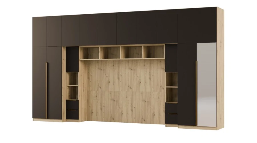 Zabudowa do sypialni 404x240 cm Dąb Artisan / Czarny Onyx z lustrem – MAJA | eMeblast