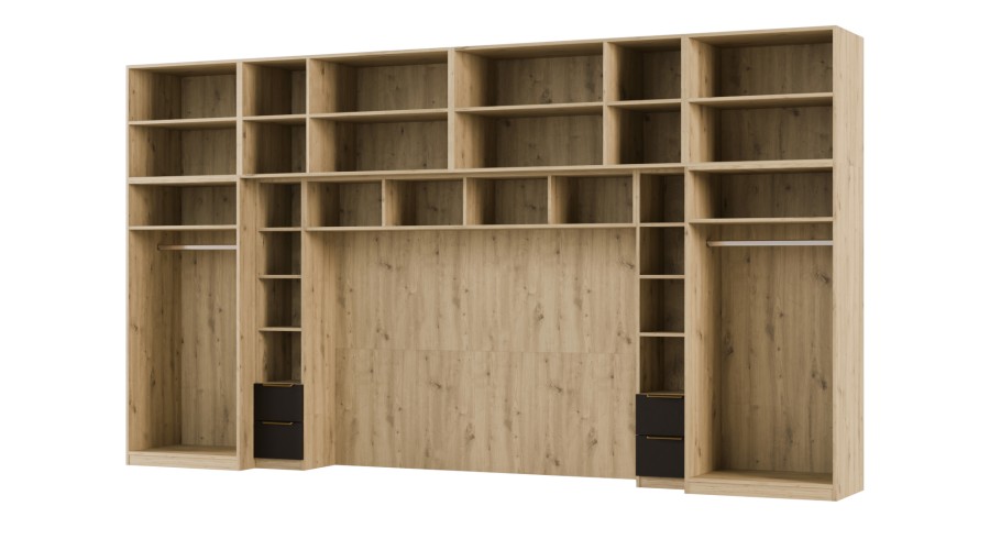 Zabudowa do sypialni 404x240 cm Dąb Artisan / Czarny Onyx z 2 lustrami – MAJA | eMeblast