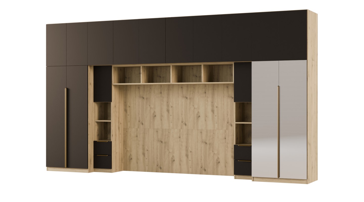Zabudowa do sypialni 404x240 cm Dąb Artisan / Czarny Onyx z 2 lustrami – MAJA | eMeblast