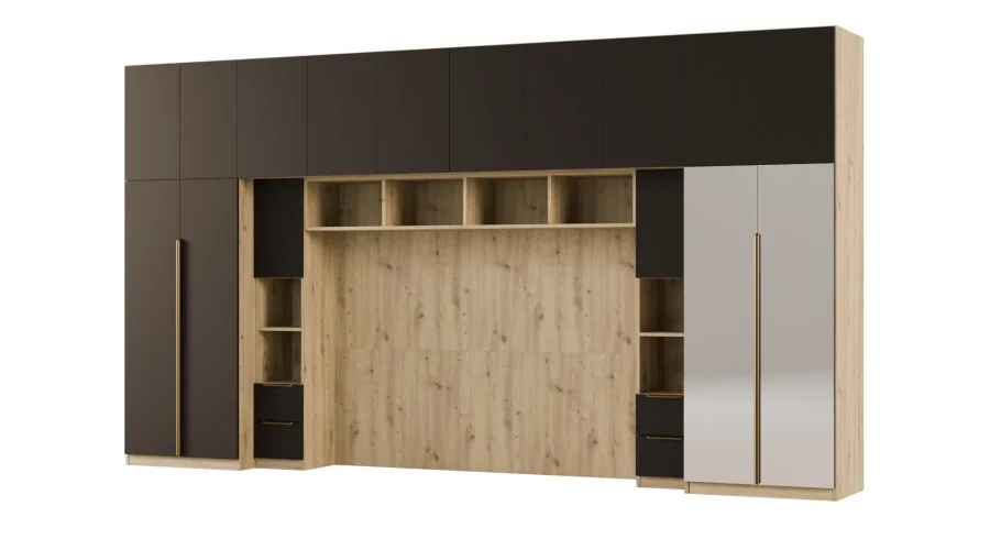 Zabudowa do sypialni 404x240 cm Dąb Artisan / Czarny Onyx z 2 lustrami – MAJA | eMeblast